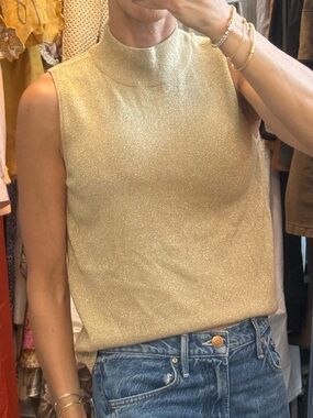 Vintage Sleeveless Metallic Mock Neck Top - Gold